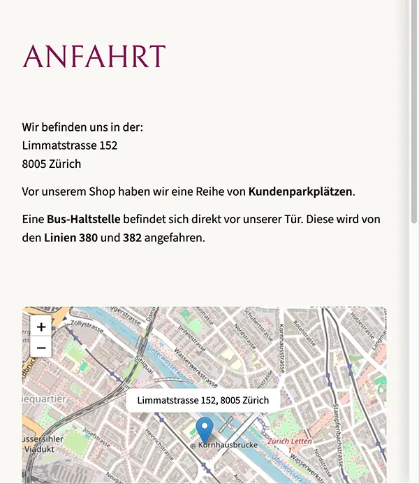 Anfahrtsseite einer mit Vemido erstellten Website mit Adresse und eingebundener Karte